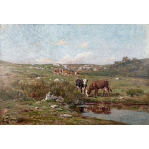 Clovis Terraire (1858 – 1931) – Cows At The Edge Of The Pond – Signed 