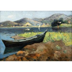 Henri Olive Des Martigues – Boat Moored At The Edge Of The Pond – Oil On Panel - Signed