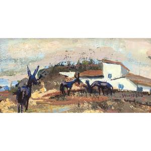 School Of Paris - Jacques Winsberg – The Spanish Farmhouse With Donkeys – Gouache – Signed