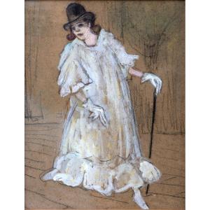 French School In The Style Of Toulouse-lautrec – Woman With A Cane – Mixed Technique