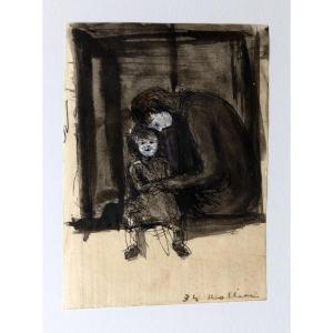 Charles Rollier – Mother And Little Girl - Ink Wash - Signed
