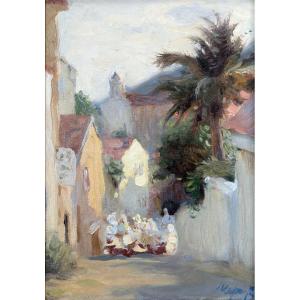 Youri Krotov – Mediterranean Village Street – Oil On Canvas – Signed – 20th Century