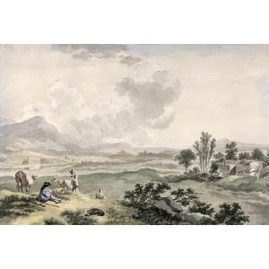 Willem Uppink – Animated Landscape – Wash And Watercolor – Early 19th Century