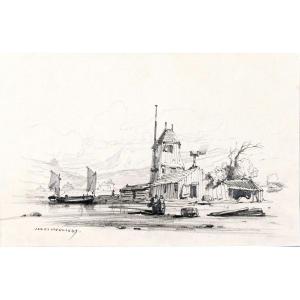 Noel Jules – Animated Scene: Shore And Wooden House – Graphite Drawing – Signed And Dated