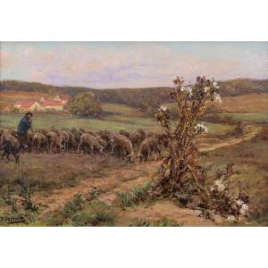 Théophile Louis Deyrolle – Shepherd And His Flock On The Moor – Oil On Canvas - Signed
