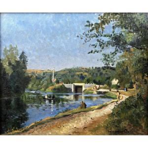 Pierre-eugène Clairin – Animated Landscape With A Bridge – Oil On Canvas - Signed