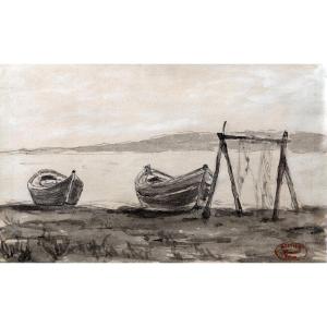 Félix Ziem – Boats And Net On The Shore – Ink Wash – Studio Stamp