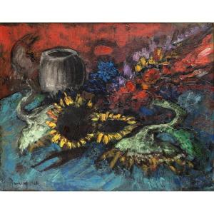 Louis Amalvy – Flowers And Sunflowers – Oil On Canvas – Signed And Dated 1964