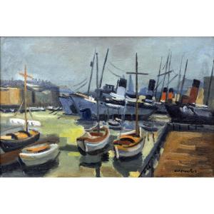 Antoine Chartres – Boats At The Quayside – Oil On Canvas – 20th Century – Signed