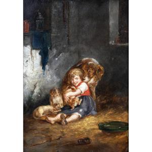 The Little Girl And The Dogs – Oil On Panel – Signed