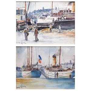 Lively Harbor Scenes – Pair Of Watercolors – Signed – 20th Century