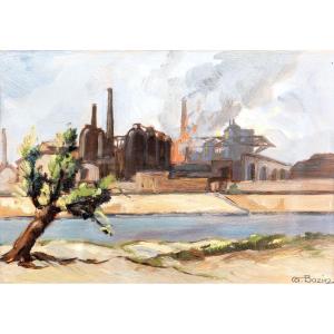 Industrial Landscape By The Water - Oil On Paper - Early 20th Century - Signed