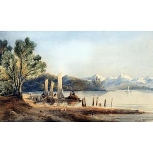 Adolphe d'Hastrel (1805-1874) - Alpine Landscape With Boats And Mountains - Watercolor - Signed