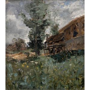 Adolphe Appian - Rural Landscape With Thatched Cottage - Oil On Canvas - Signed