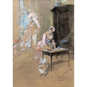 Emile Noirot – The Absent-minded Laundress – Watercolor And Gouache – Signed And Dated