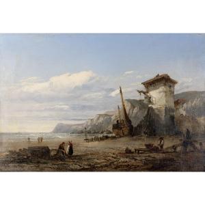 Clarkson Frederic Stanfield – Lively Coastline With Beached Boat – Oil On Canvas – Signed