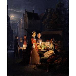 Pieter Gerardus Sgamaar – Night Market By Candlelight – Oil On Panel – Signed