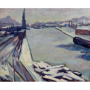 Peter Rostrup Boyesen – Port View In The Snow – Oil On Canvas – Signed 