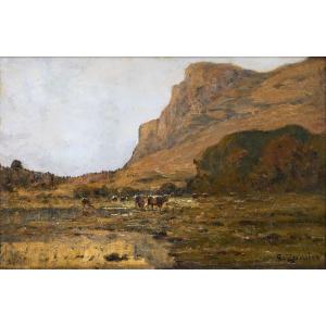 Clovis Terraire – Cows At The Foot Of The Mountain – Oil On Canvas – Signed 