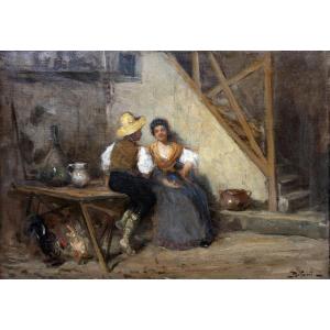 Gennaro Befanio - Interior Scene With Couple – Oil On Canvas – Signed 