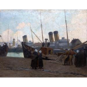 Henri Eugène Louvet – Sailors At Work, Port Of Brittany - Oil On Canvas – Signed 