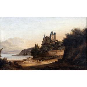 Pierre-nicolas Wéry – River Landscape At The Castle – Oil On Canvas – Early 19th Century
