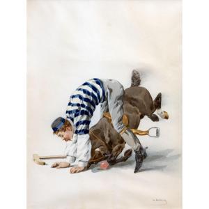 Charles De Condamy – The Fall Of The Polo Player – Watercolor – Signed