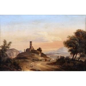 Pierre-nicolas Wéry – Lively Landscape With Medieval Ruins – Oil On Canvas – Early 19th Century