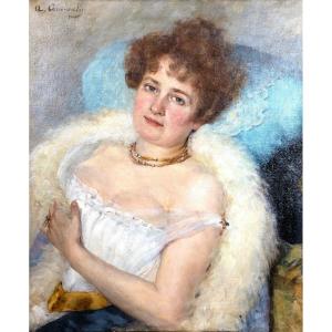 A. Constantin – Portrait Of A Woman With A Feather Boa – Oil On Canvas – Signed – Late 19th Century