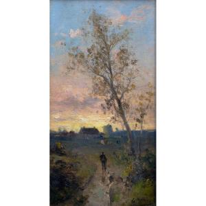 E. Marino - Retour Des Champs Au Soleil Couchant - Oil On Canvas - Signed