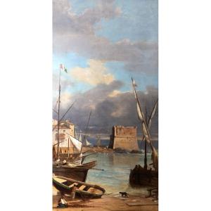 Antoine Claude Ponthus-cinier - View Of The Port Of Naples - Oil On Canvas - Monogrammed - 19th C.