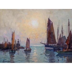 Eugene Demester - Fishing Boats In A Breton Port At Dusk - Oil On Canvas - Signed