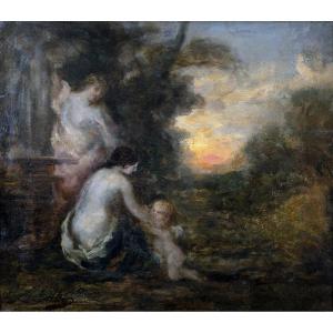 M. A. Rosalbin De Buncey - Nymph, Eros And Bather - Oil On Panel - Signed