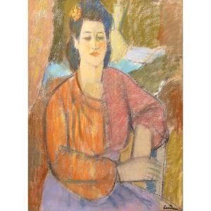 School Of Paris - Zygmunt Landau - Woman In An Orange Blouse - Pastel - Signed