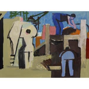 Roger Derieux - The Masons - Gouache - About 1955 - Authentication Stamp