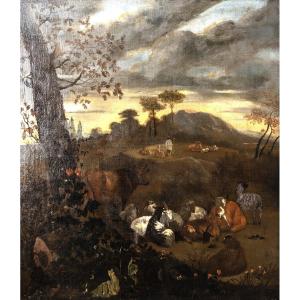 Cercle De N. Berchem - Landscape With Flock, Shepherd And Shepherdess - Oil On Canvas - 17th Century