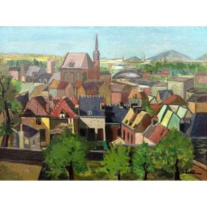 View Of Mons (hainaut, Belgium) - Oil On Canvas - About 1940