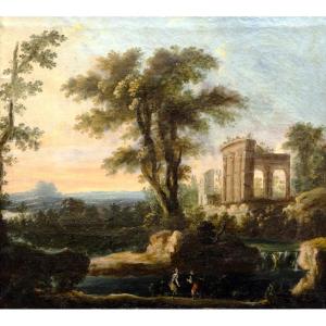 Animated Landscape With Ancient Ruins And A Waterfall - Oil On Canvas - Late 17th Or Early 18th Century