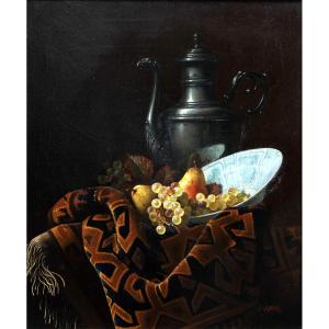 Jean Grimal -composition Featuring Fruit, A Rug, And A Jug - Oil On Canvas - Signed