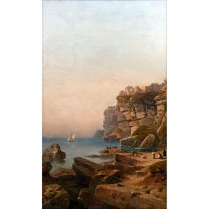 Antoine Claude Ponthus-cinier - Amalfi Coast With Cliffs And Figures - Oil On Canvas