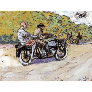 Pierre Gatier - Motorcyclist And His Passenger On The Road - Gouache - About 1925