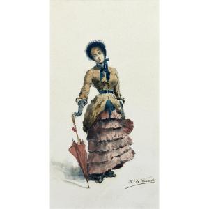 élégante à l'Ombrelle - Watercolor - About 1880 - Signed