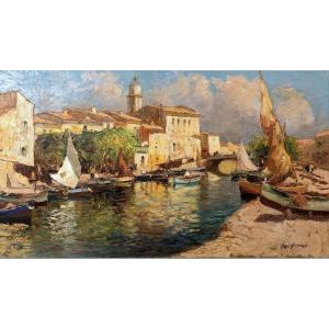 Mero Ameglio - Les Martigues - View Of The Busy Canal - Oil On Panel - Signed