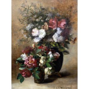 Lillie Honnorat - Deux Bouquets De Roses Et Fleurs Des Champs - Oil On Canvas - 19th Century - Signed