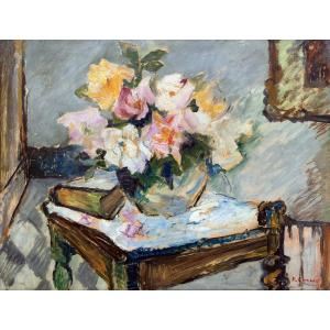Pierre Cornu – Bouquet Of Roses In The Studio – Oil On Panel – Signed