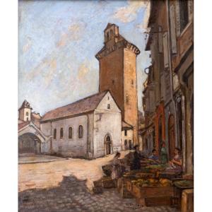 Market Day In Front Of The Tower Of The Penitents, Mende – Oil On Panel – Circa 1960