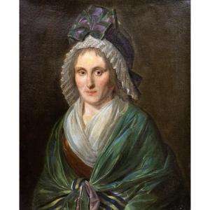 Late 18th-century French School – Elegant Woman With A Large Bonnet And Green Shawl – Oil On Canvas