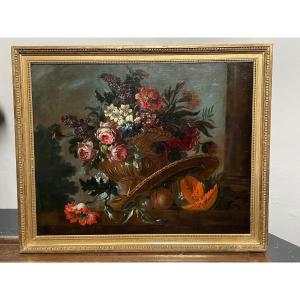 Large Still Life Of Flowers And Fruits From The 18th Century