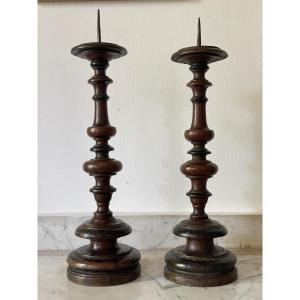 Pair Of Turned Wooden Candelabras - Tuscany, 17th Century 