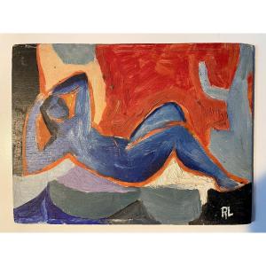 Blue Nude - Oil On Panel By Robert Lesgourgues (1820-1994)